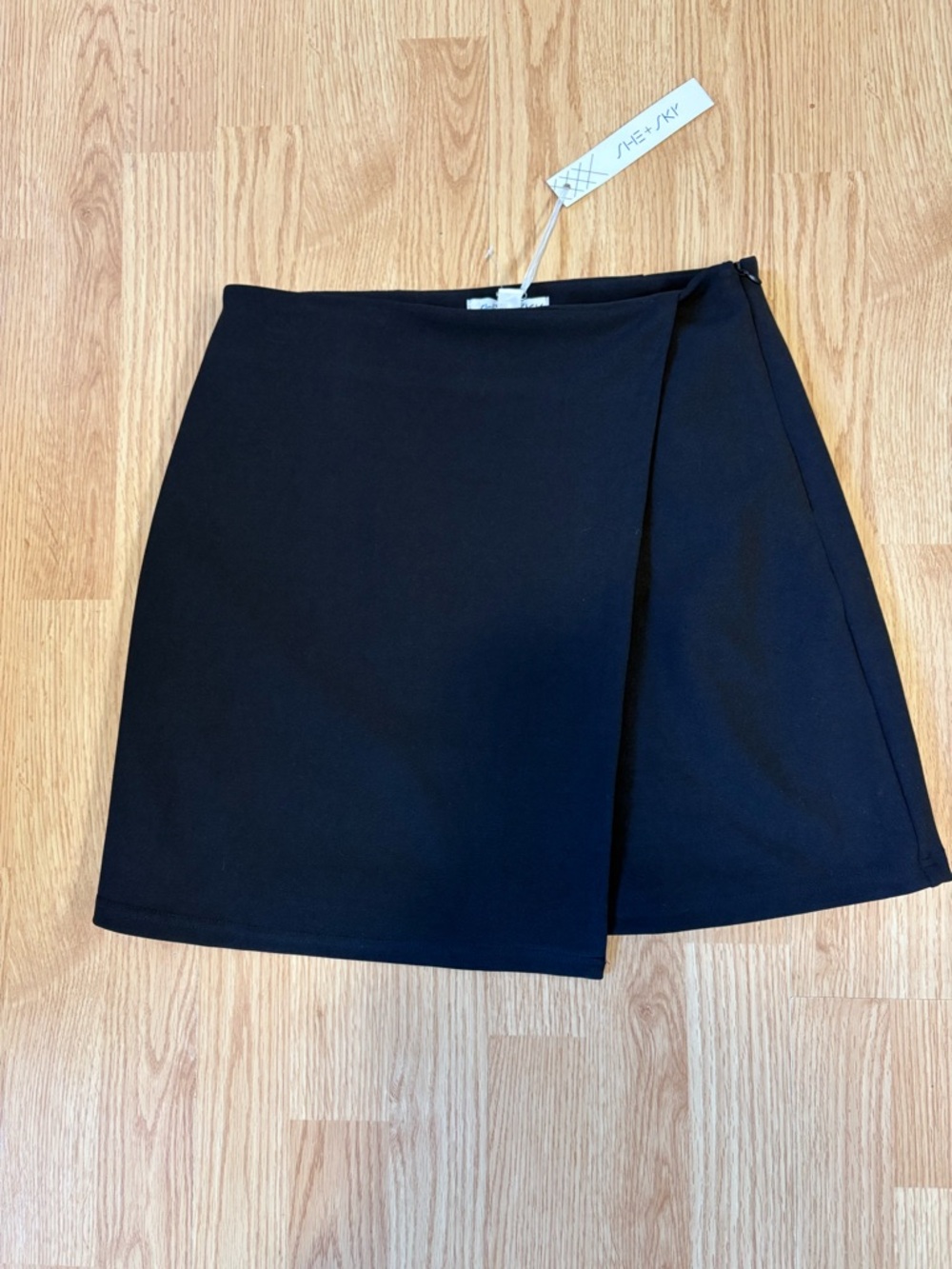 She + Sky Black Mini Skirt with Overlap Front